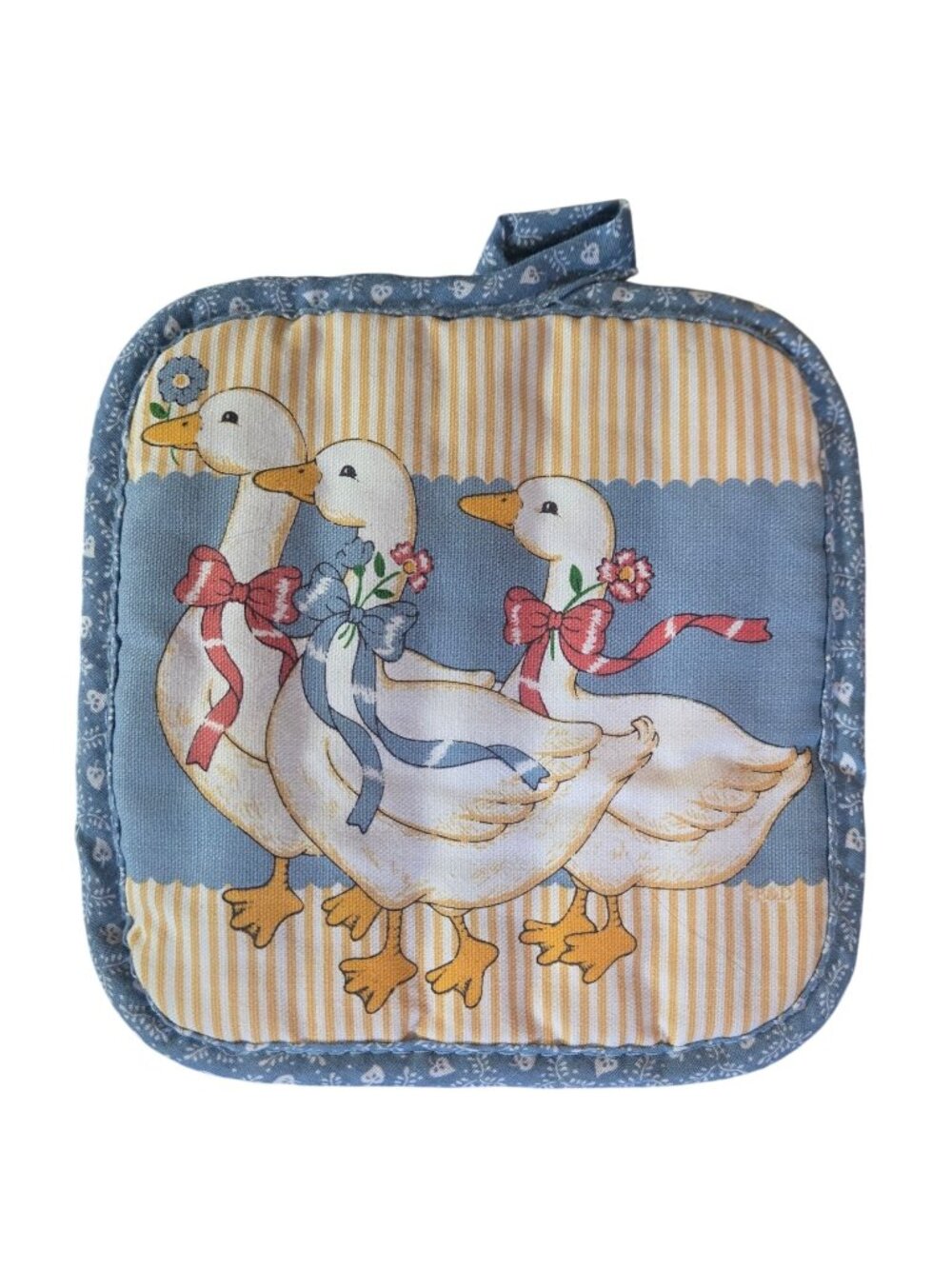 Vintage Country Goose Blue Bow Potholder Country Kitchen Geese Duck 1990s Cozy